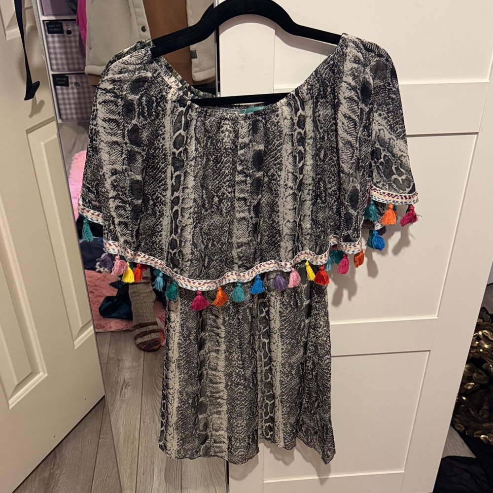 Judith March Snake Print Dress with Colorful Tassels